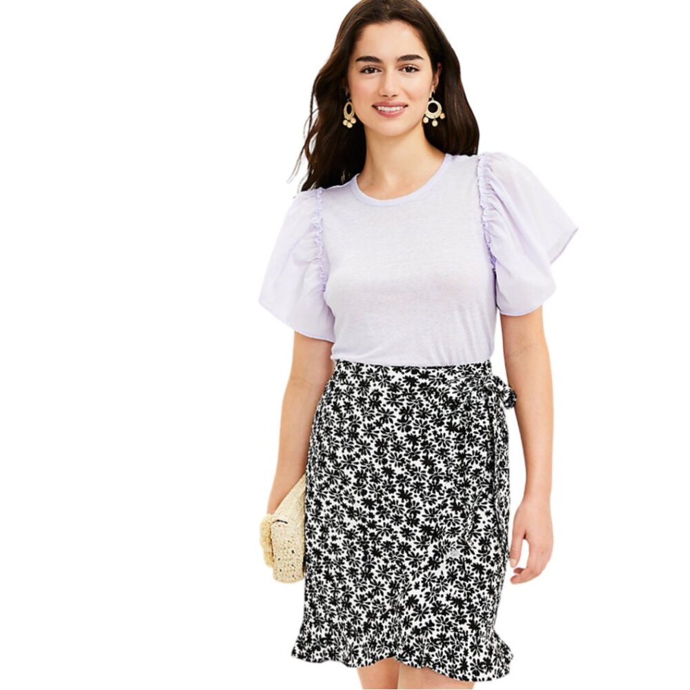 LOFT Black and White Petite Daisy Ruffle Wrap Skirt